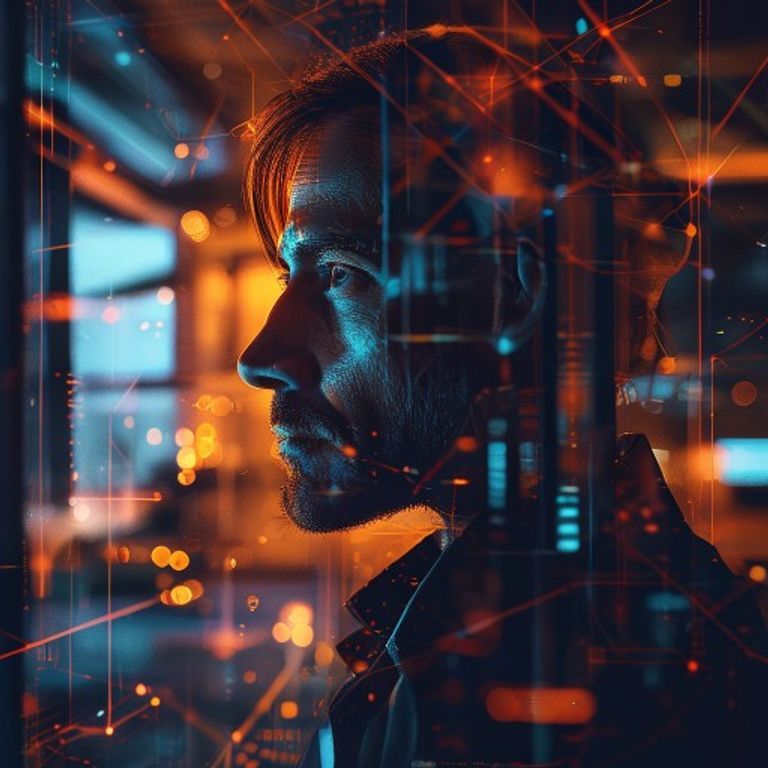 A dramatic portrait of a tech leader amidst digital neural networks and shadows.