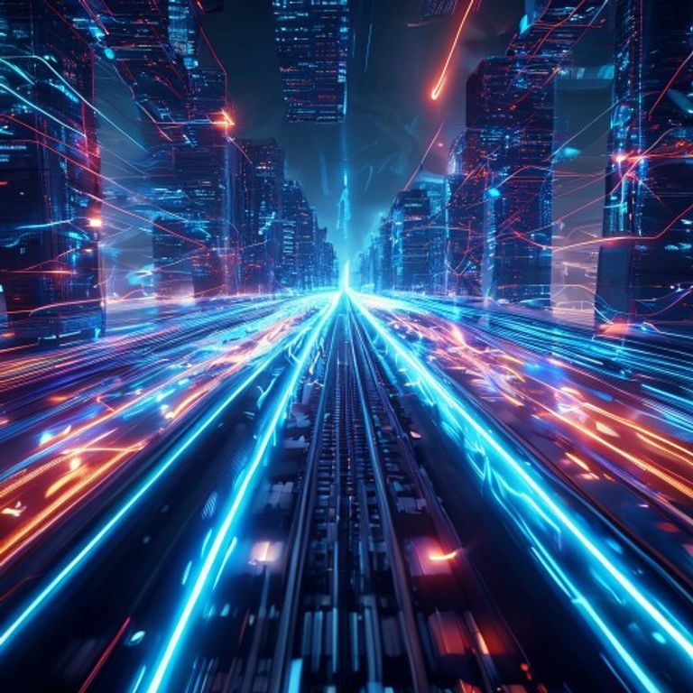 A futuristic neon digital railway representing high-speed AI cloud infrastructure racing past slow legacy servers.