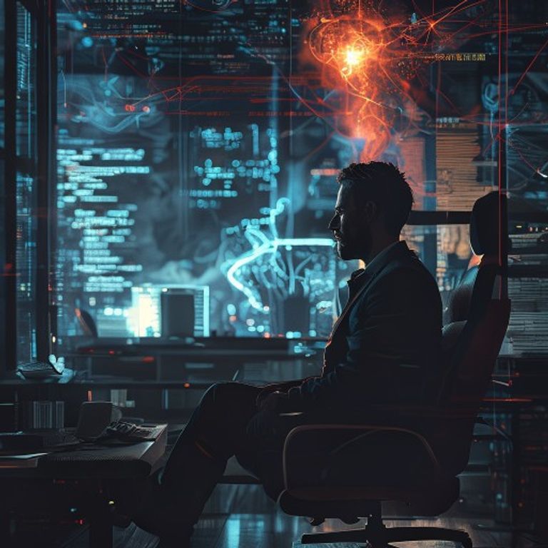 A dramatic cinematic shot of a tech leader surrounded by digital storms and news headlines.