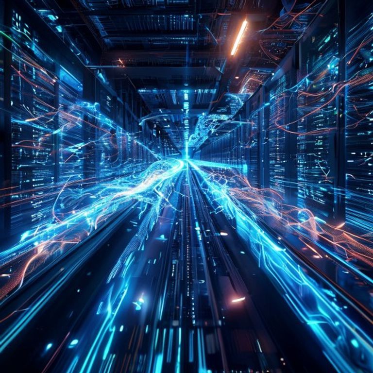 A cinematic visualization of high-speed digital data flowing through a futuristic data center.