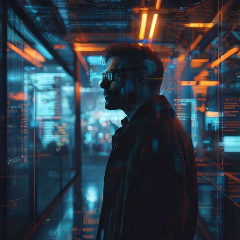 A dramatic portrait of a tech leader surrounded by digital storm and news headlines.