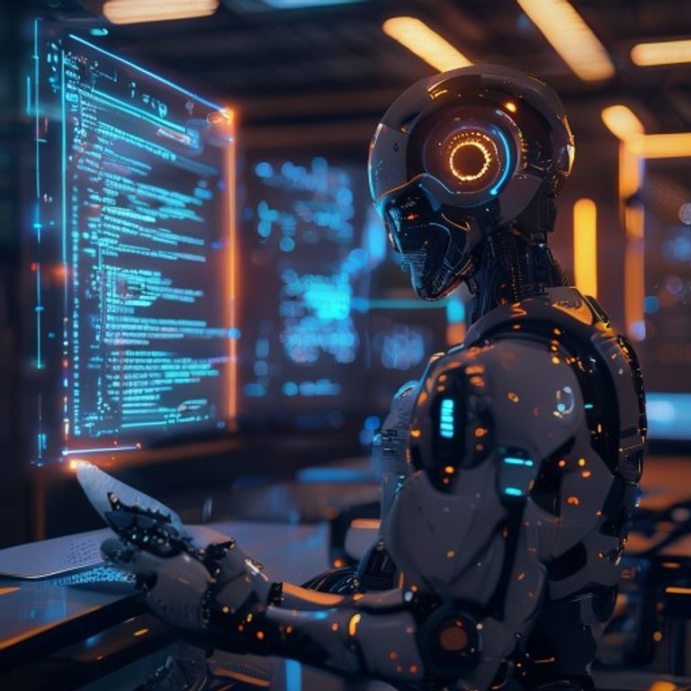 A futuristic robot looking at a glowing digital exam in a dark high-tech setting.