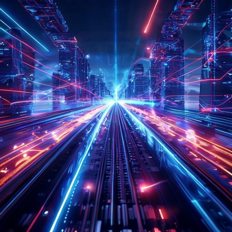 Futuristic digital railway tracks representing fast AI cloud infrastructure bypassing slow legacy servers.