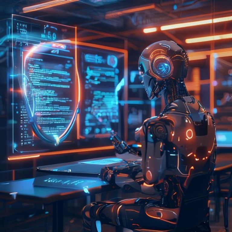 A futuristic robot taking a digital exam being inspected by a giant magnifying glass.
