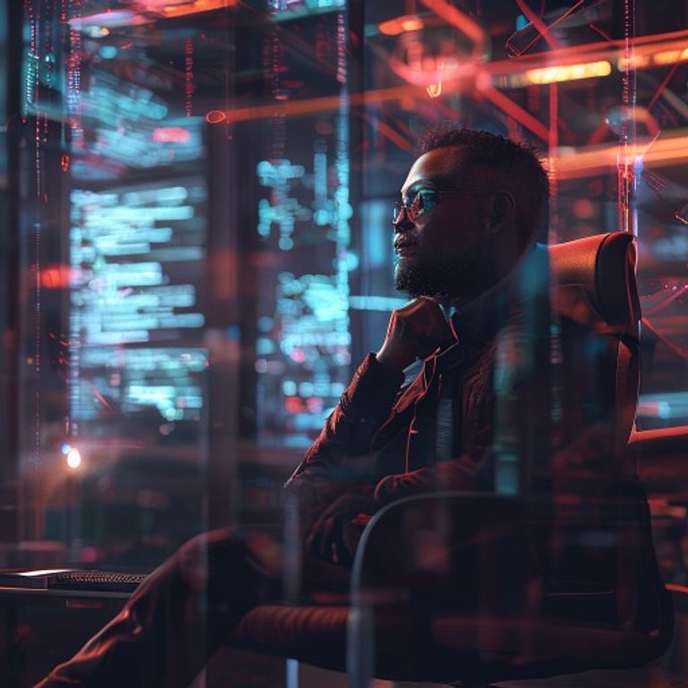 A dramatic portrait of a tech leader surrounded by digital media chaos and news headlines.