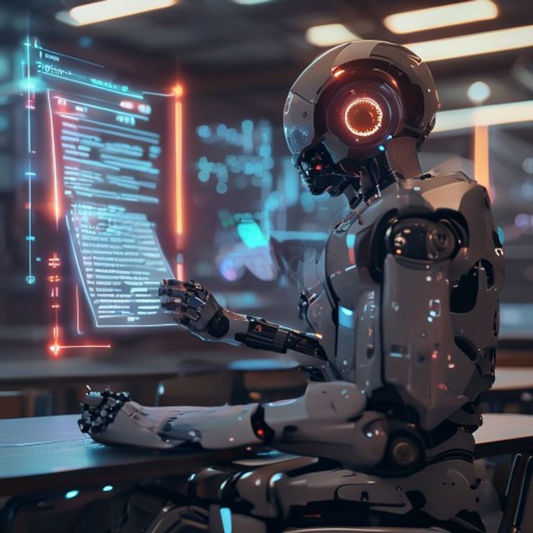 A futuristic robot secretly looking at a digital cheat sheet during a high-tech exam.