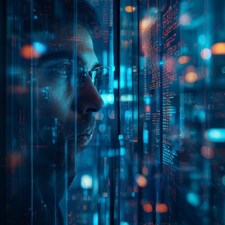 A dramatic cinematic shot of a tech leader looking out a window at night amidst digital news reflections.