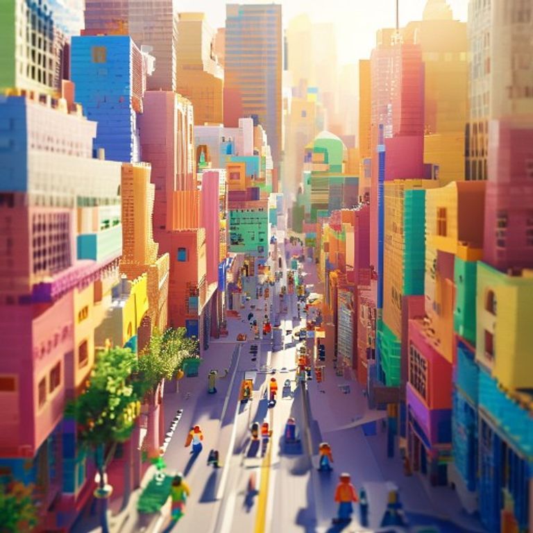 A beautiful Middle Eastern city built entirely from colorful LEGO bricks under soft sunlight.