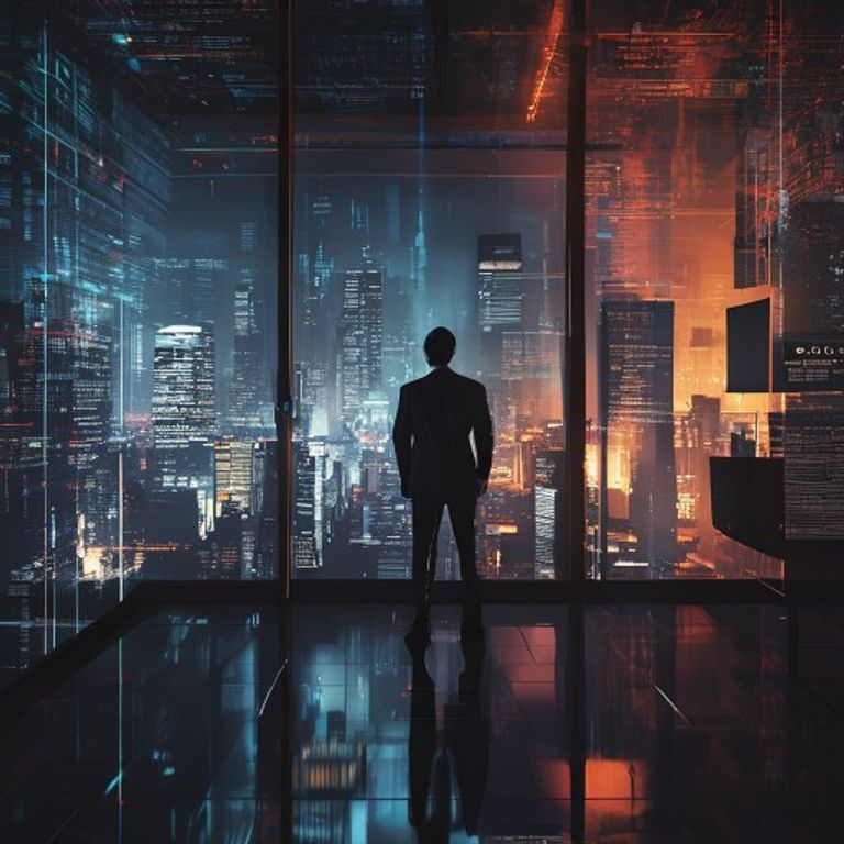 A silhouette of a tech leader facing digital chaos and media headlines.