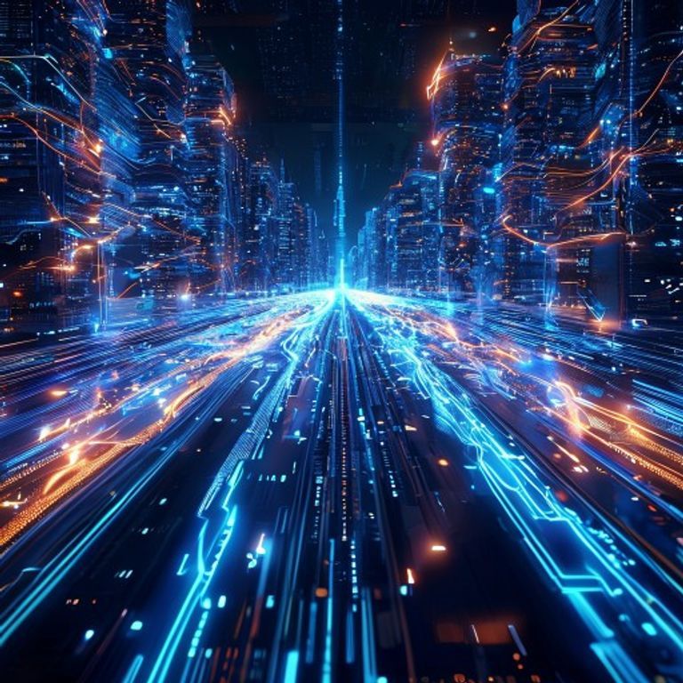 A high-speed digital data highway representing fast AI-native cloud infrastructure overtaking slow legacy servers.