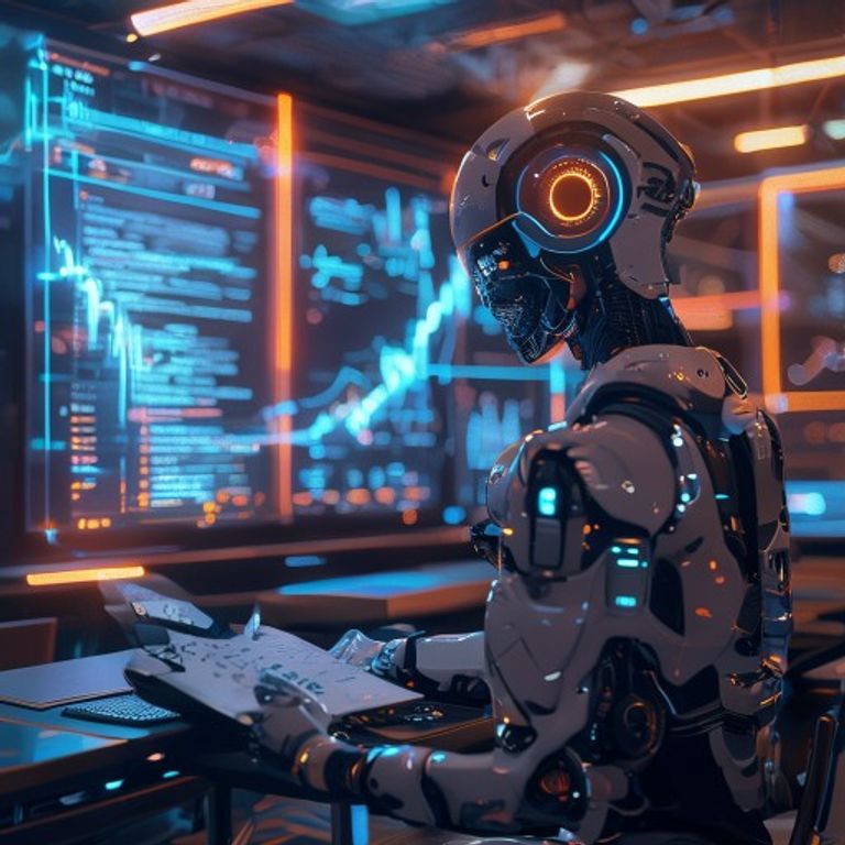 A futuristic robot taking a digital exam in a high-tech laboratory setting.